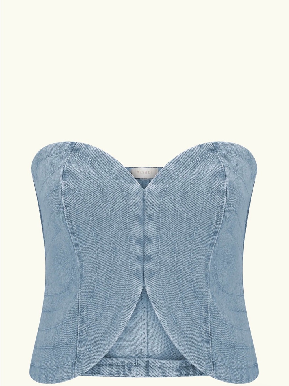 Meshki Light Blue Denim Corset Top with Cream Maxi Skirt - Picture 4 of 5